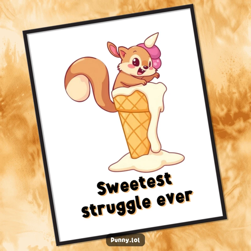 Funny Squirrel Digital Art Print of a determined squirrel trying to climb a giant, melting ice cream cone, instant wall art and a funny gift.