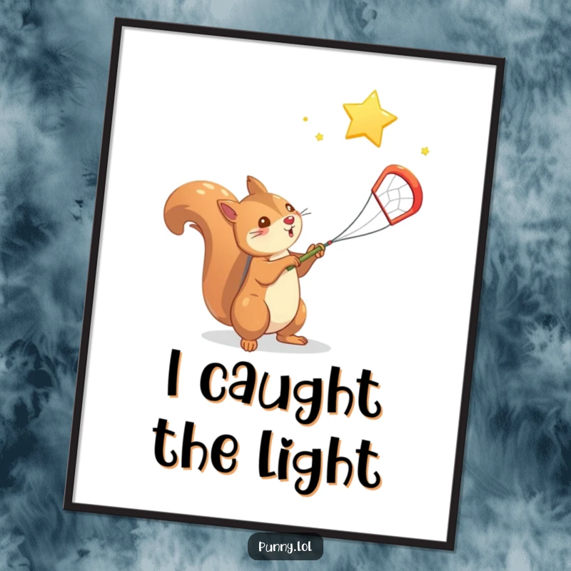 Funny Squirrel Digital Art Print: A high-resolution image of a squirrel catching a falling star with a net.