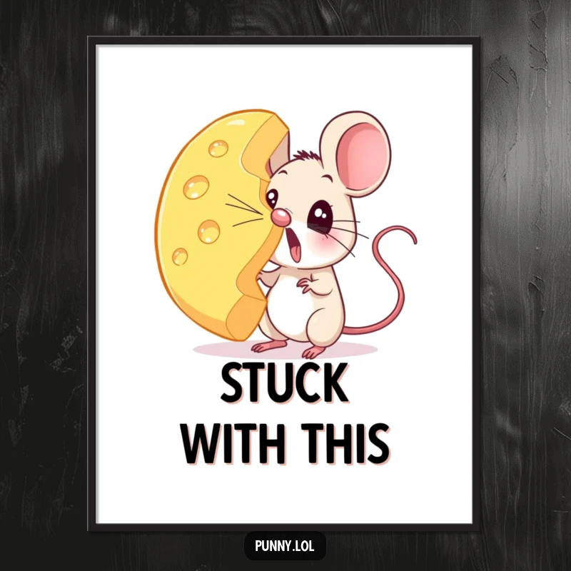Funny mouse digital art print showing a surprised rodent balancing a gigantic wheel of cheese on its nose.