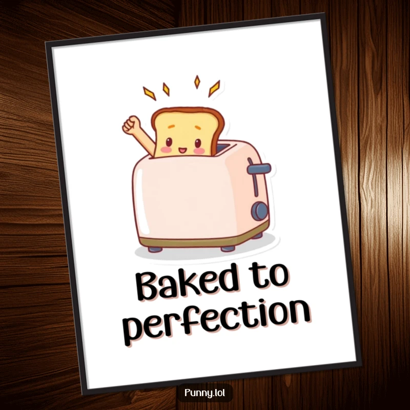 High-resolution digital art print of a funny, tiny toast popping triumphantly from a toaster with infectious breakfast humor.