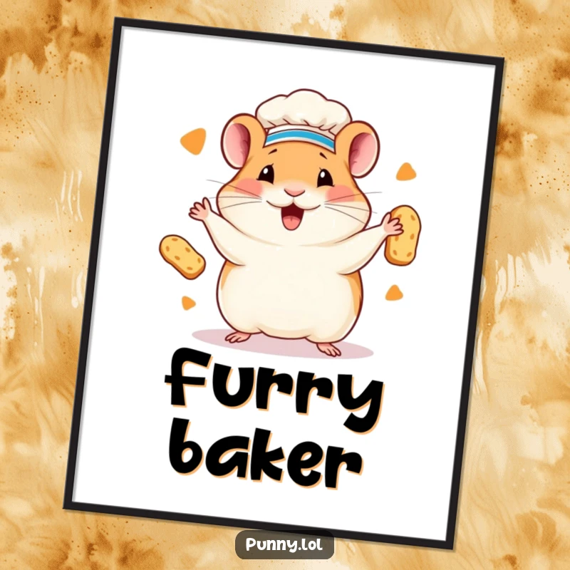 Funny hamster chef digital art print of a happy hamster in a chef hat juggling miniature loaves of bread. Instant charming decor.
