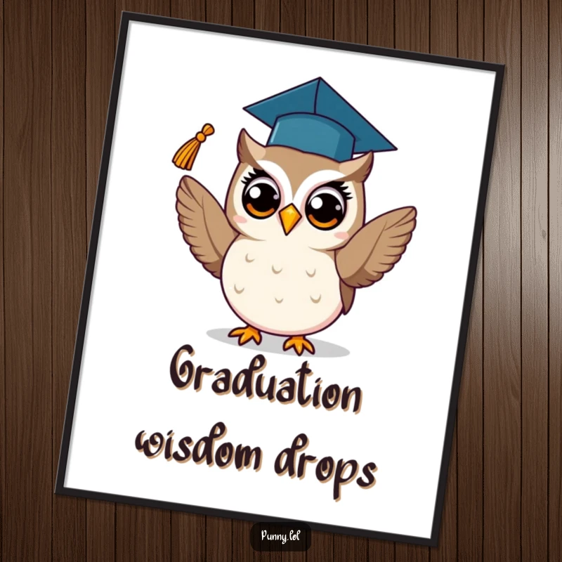 Funny digital art print of a proud owl in a graduation cap, joyfully tossing its tassel, symbolizing academic achievement.