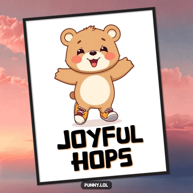 Funny Bear Cub Digital Art Print: A beaming bear cub joyfully hops around wearing comically mismatched shoes, bringing instant cheer.