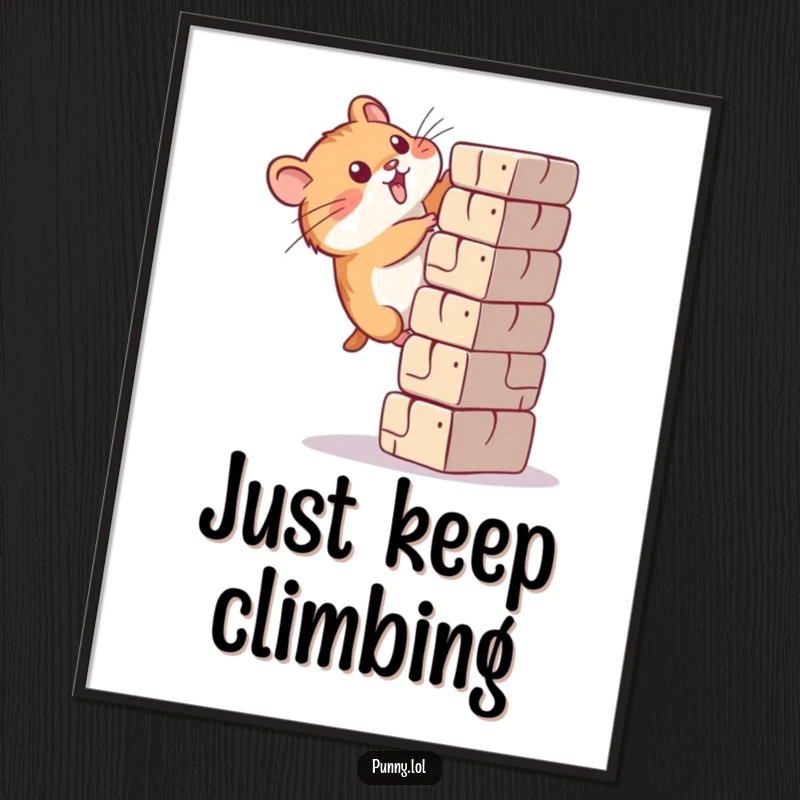 Funny hamster digital art print showing a determined rodent making a serious effort to climb a very tall block.
