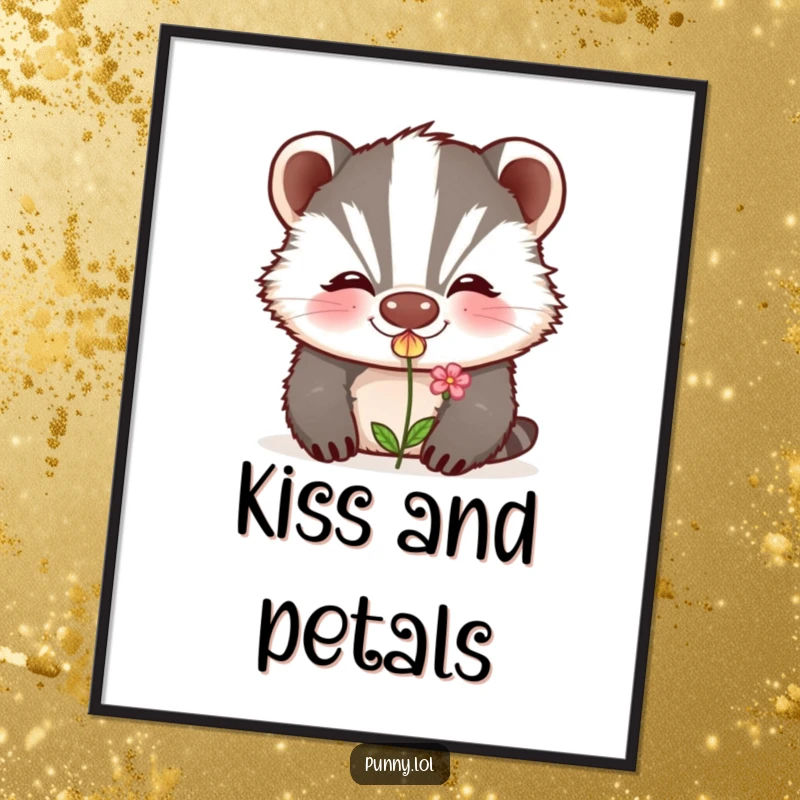 Funny digital art print of a grinning badger blowing a kiss that transforms into a small flower, ready for instant download.