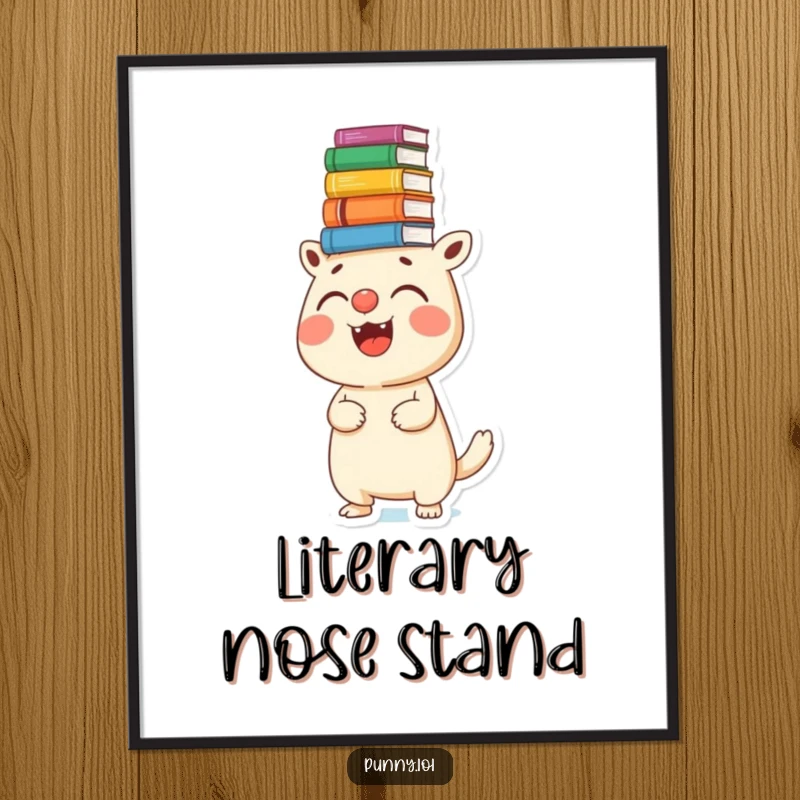 Funny digital art print of a creature balancing a stack of books on its nose, whimsical and humorous wall decor.