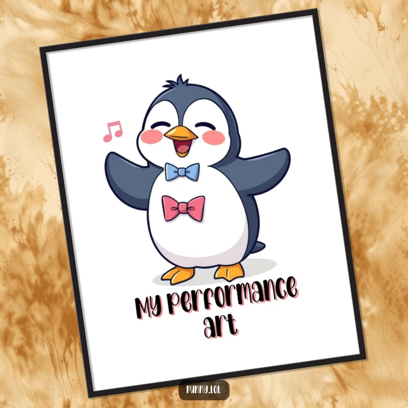 Funny digital art print of a silly penguin wearing a bowtie, dramatically attempting to sing opera, capturing a humorous and artistic moment.