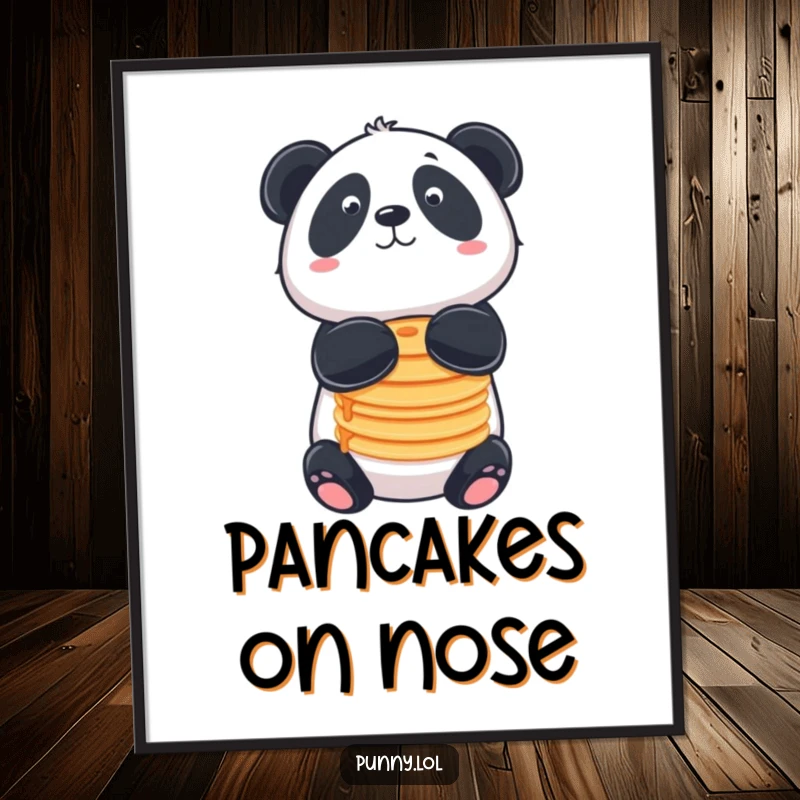 Funny digital art print of a panda balancing pancakes on its nose, for instant breakfast decor.