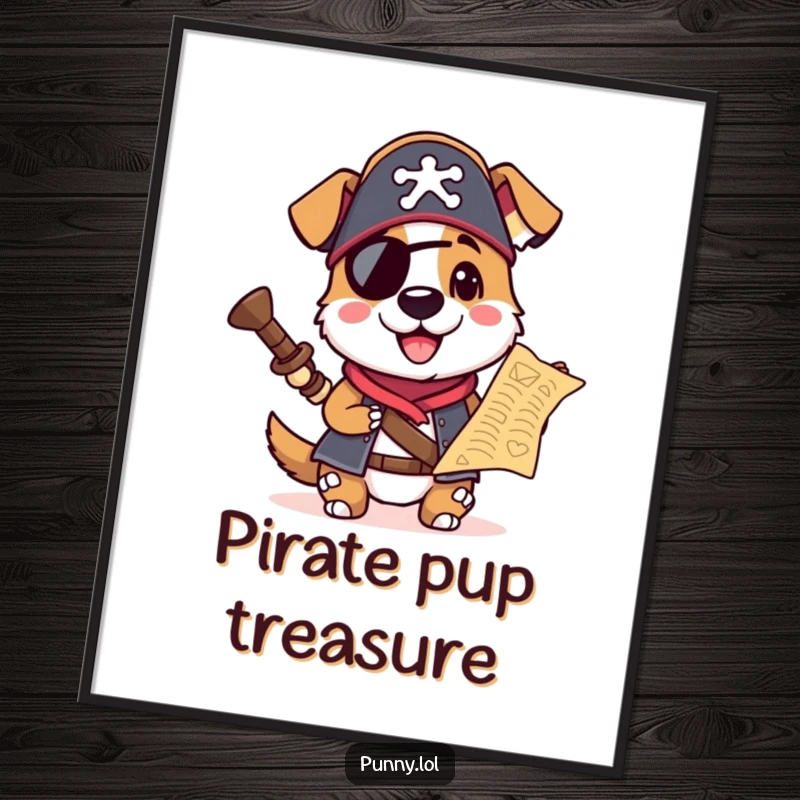Funny digital art print of a pirate dog in a hat, holding a treasure map, ready for an imaginary quest.