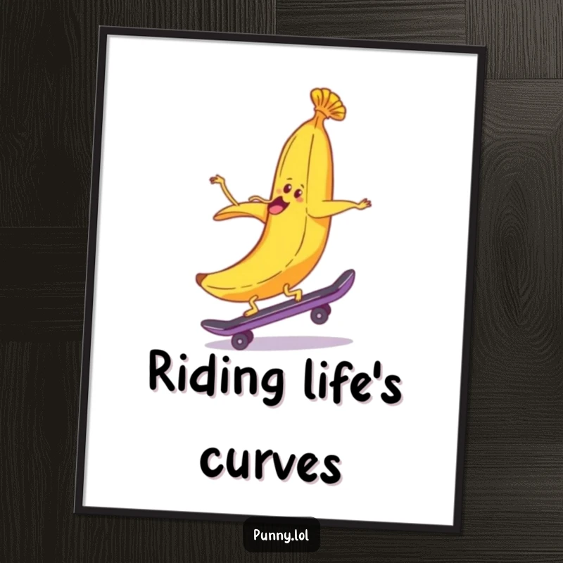 High-resolution digital art print of a funny, cheerful banana peel riding a skateboard backwards with infectious humor.