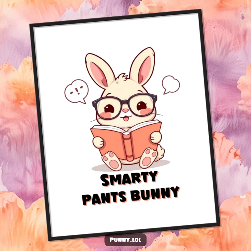 Funny digital art print of a cheerful rabbit with glasses, reading a book with amusing word bubbles, instant download decor.