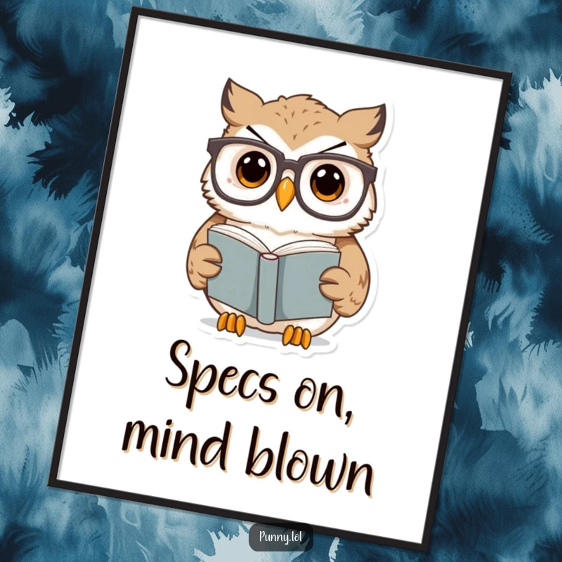 Funny Owl Digital Art Print of a surprised owl wearing oversized glasses reading a tiny book, instant wall art and a funny gift.