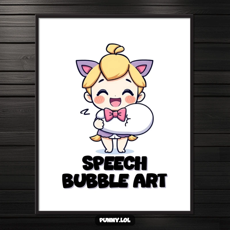 Funny Bowtie Character Speech Bubble Digital Art Print: Humorous printable artwork of a delighted character in a bowtie holding a large speech bubble.