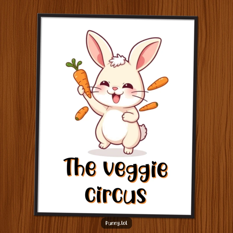Funny rabbit digital art print showing a playful bunny expertly juggling three carrots with intense focus.