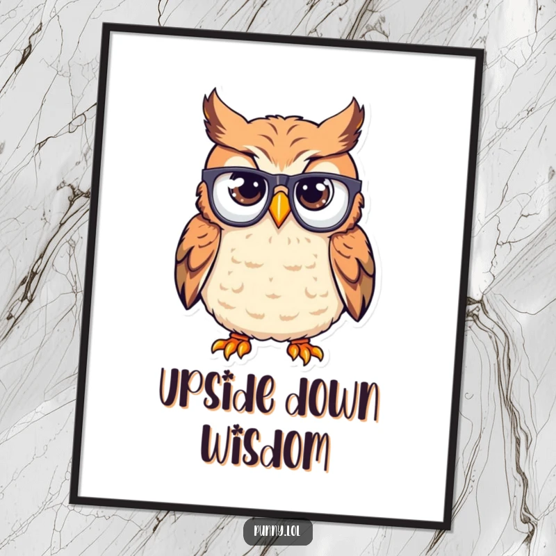 Funny digital art of a bewildered owl wearing eyeglasses upside down on its beak, printable art for instant humor.