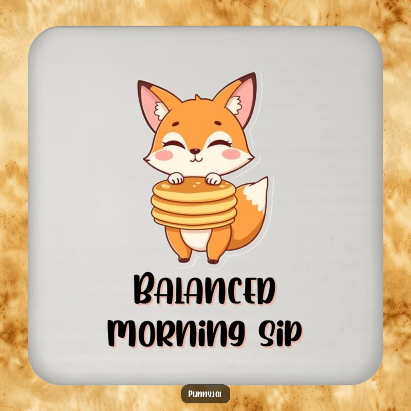 Funny fox winking, balancing pancakes on a drink coaster, adding a touch of humor to tables.