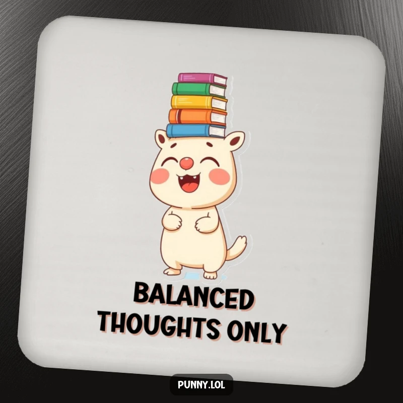 Funny drink coaster featuring a joyful creature balancing a stack of books on its nose, protecting surfaces with humor.