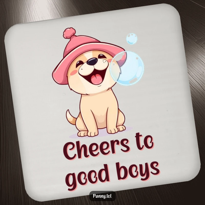 Funny drink coasters featuring a happy dog wearing a silly hat, barking at a floating bubble, protecting surfaces with playful art.