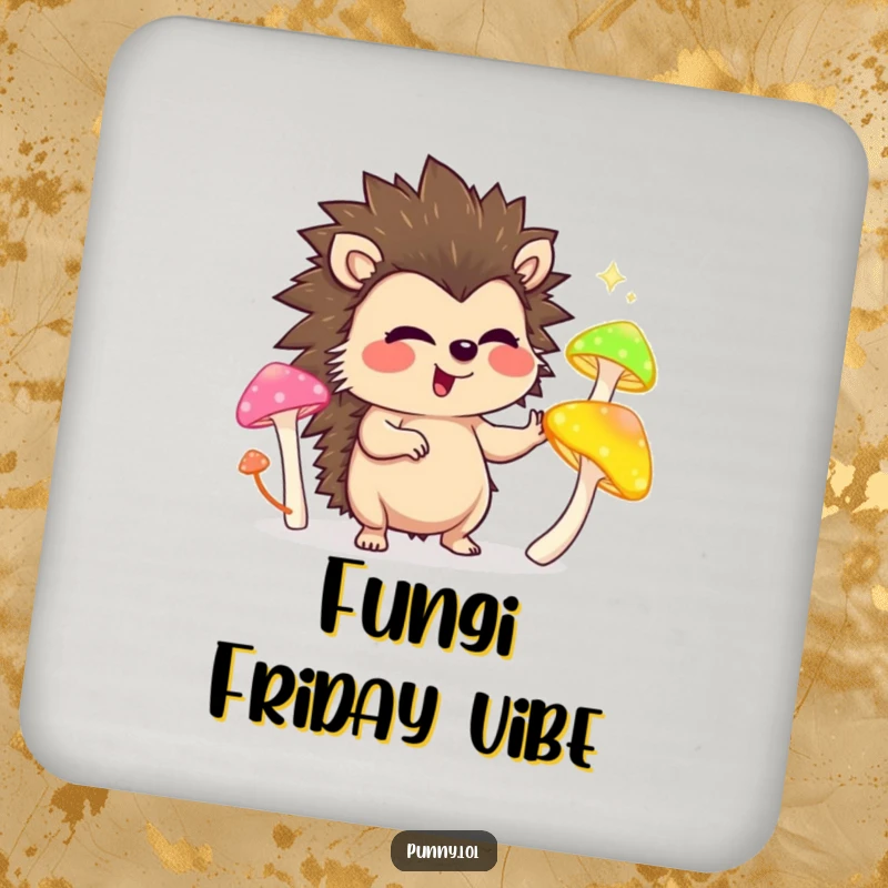 Funny coaster showcasing a giggling hedgehog character juggling luminous mushrooms, protecting surfaces with humor.