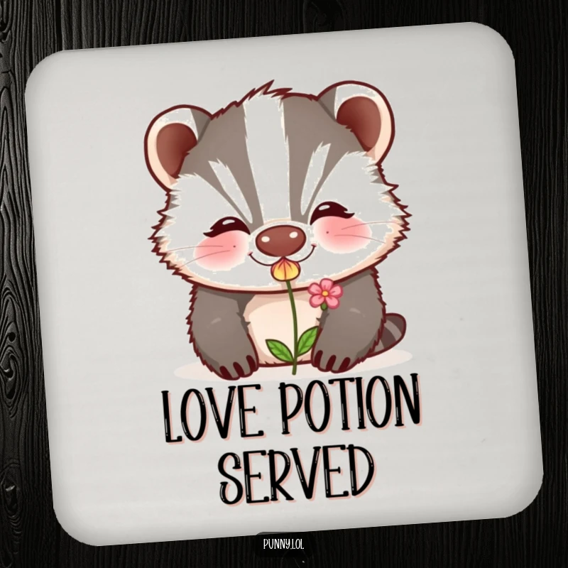 Funny coaster featuring a grinning badger blowing a kiss that transforms into a flower, protecting surfaces with romantic art.