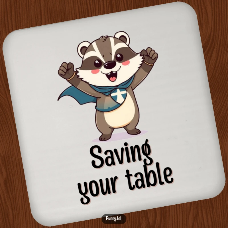 Funny drink coasters featuring a triumphant badger wearing a superhero cape, striking a heroic pose, protecting surfaces with powerful art.