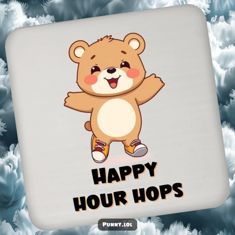 Funny Bear Cub Coaster: A beaming bear cub hops joyfully, wearing mismatched shoes, protecting surfaces with comical charm.