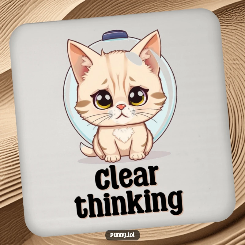 Funny drink coaster showing a confused cat trying to wear a fishbowl as a helmet, a cute and practical item.