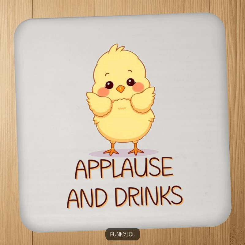 Funny chick drink coaster with a fluffy bird performing a dramatic stage bow, adding humorous flair to beverage protection.