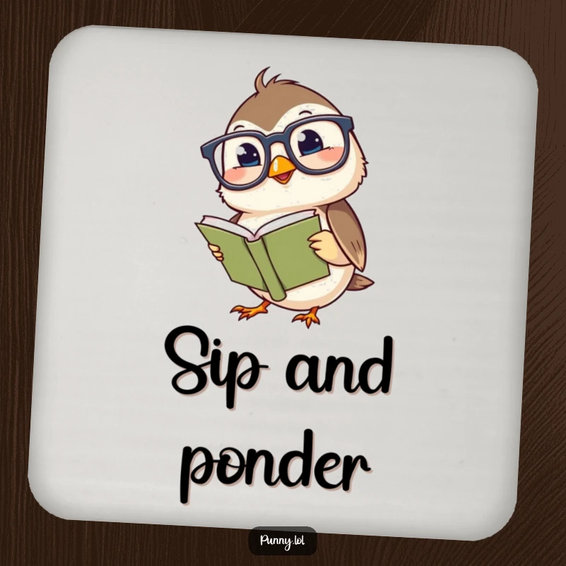Funny coaster featuring a giggling chickadee wearing large glasses, reading a tiny book, protecting surfaces with humor.