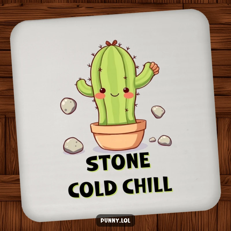 Funny drink coaster featuring a clumsy cactus character juggling stones, offering surface protection with a touch of endearing awkwardness.