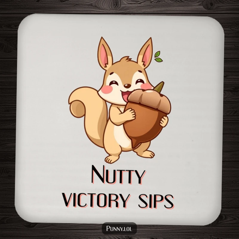 Funny drink coasters depicting a beaming squirrel holding a giant acorn like a trophy, for stylish protection.
