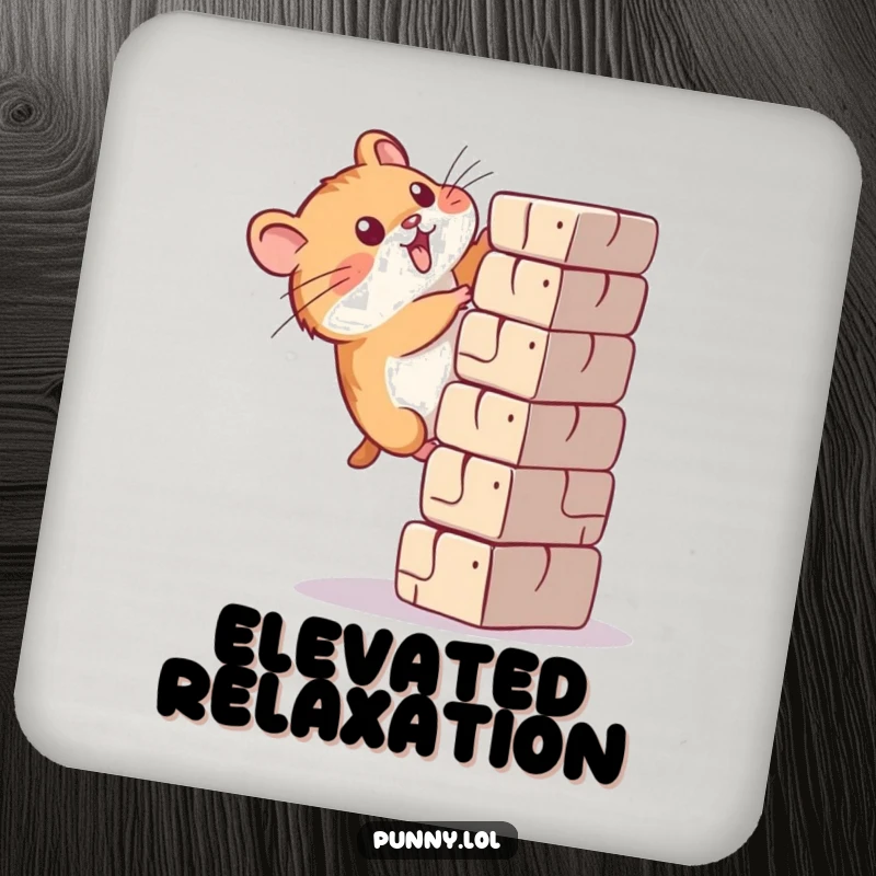Funny hamster coaster illustration of a determined rodent climbing a tall block.
