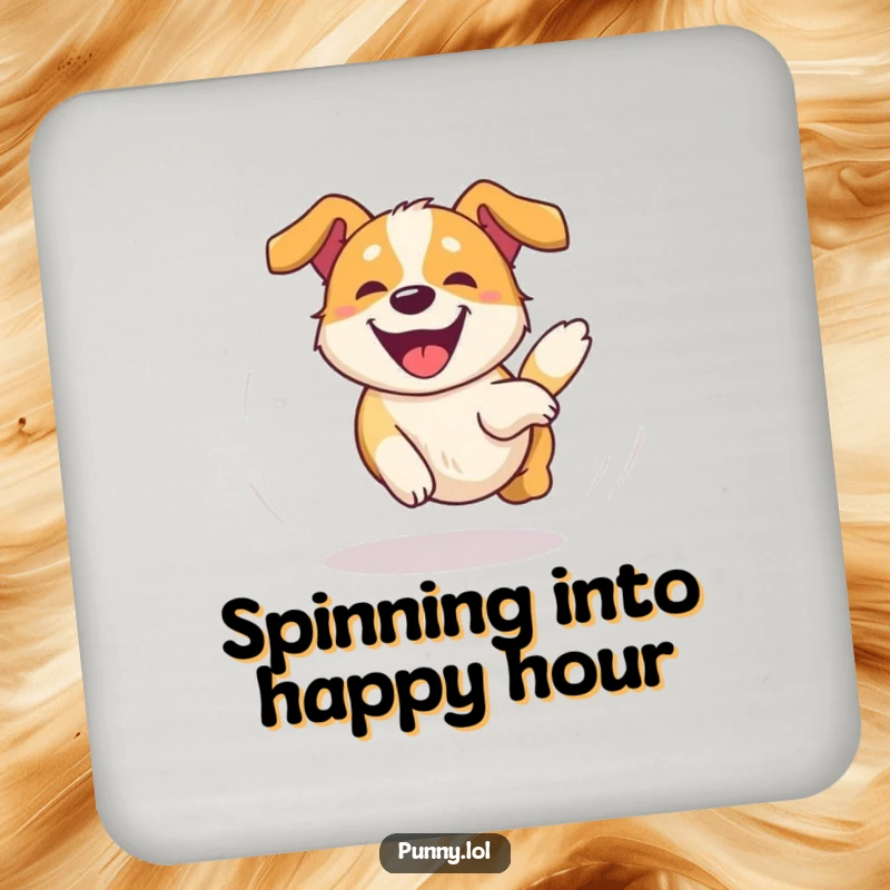 Funny Dog Coaster showing a happy, dizzy dog chasing its tail in an overjoyed circle, protecting drinks with humor and a funny gift.