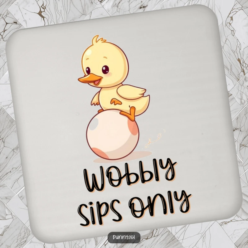 Funny Duckling Coaster: A wobbly duckling hilariously tries to ride a bouncing ball, protecting surfaces with comical charm.