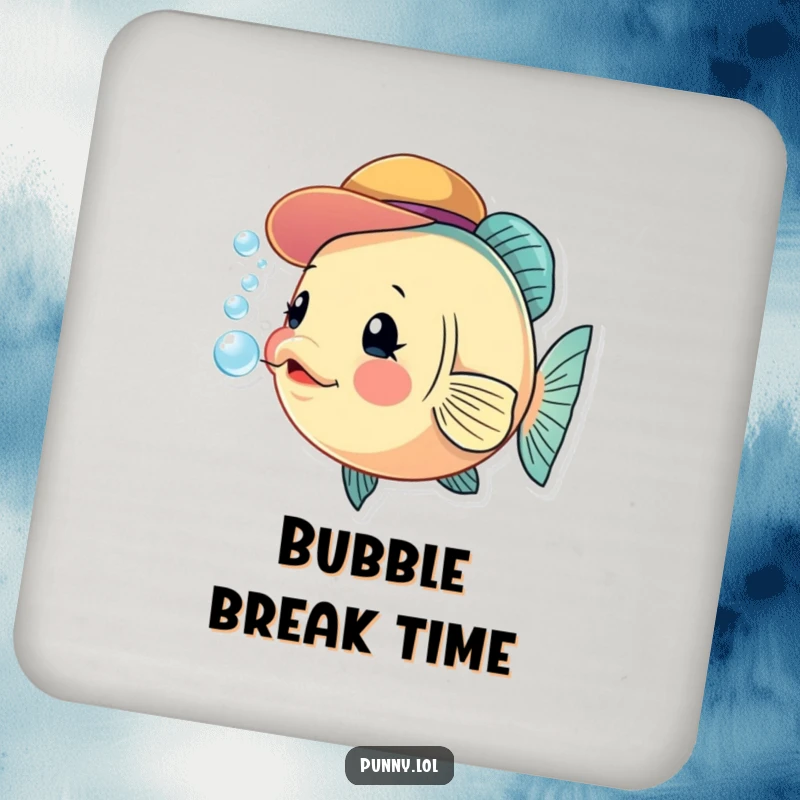 Funny fish drink coaster with a tiny hat, blowing bubbles, protecting surfaces from moisture with a humorous design.