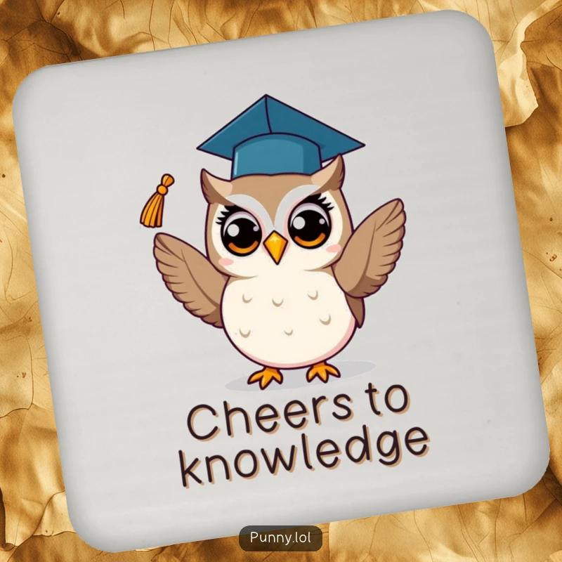 Funny drink coaster with a proud owl in a graduation cap, tossing its tassel, perfect for adding a humorous touch to any table.