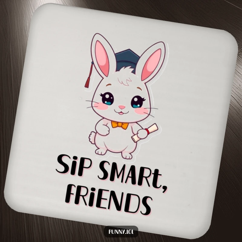 Funny graduation coaster with a cute rabbit scholar in a cap, holding a diploma, adding a touch of humor to drink protection.