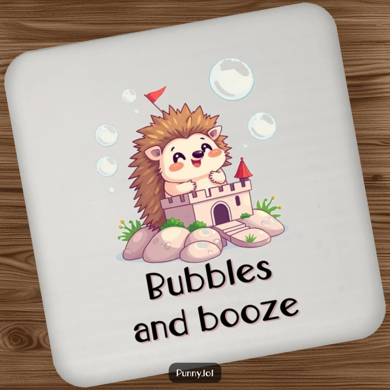 Funny coaster featuring a happy hedgehog building a castle out of shimmering bubbles, protecting surfaces with whimsical art.