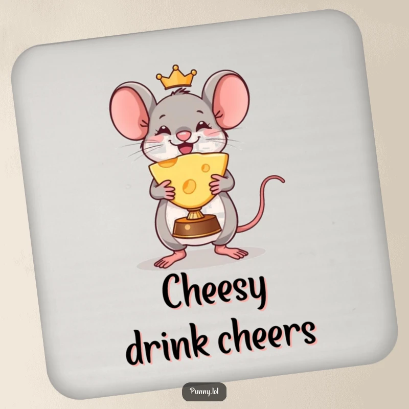 Funny Mouse Coaster: A triumphant mouse holds a giant cheese wedge trophy, protecting surfaces with comical and cheesy victory.