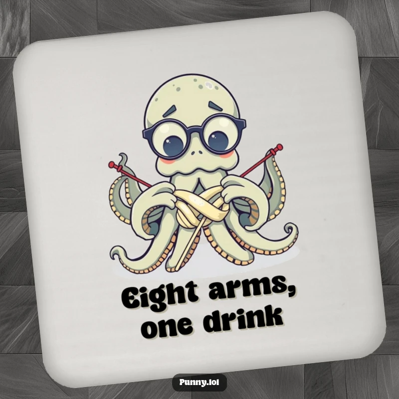 Set of coasters featuring a funny octopus in glasses, arms entangled while knitting, offering humorous table protection.