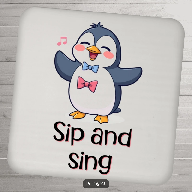 Funny drink coasters featuring a silly penguin wearing a bowtie, attempting to sing opera, protecting surfaces with dramatic art.