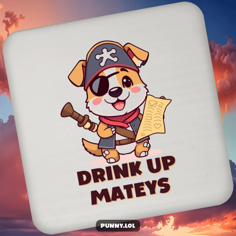 Funny drink coaster with a pirate dog in a hat, holding a treasure map, perfect for adding a humorous touch to any table.