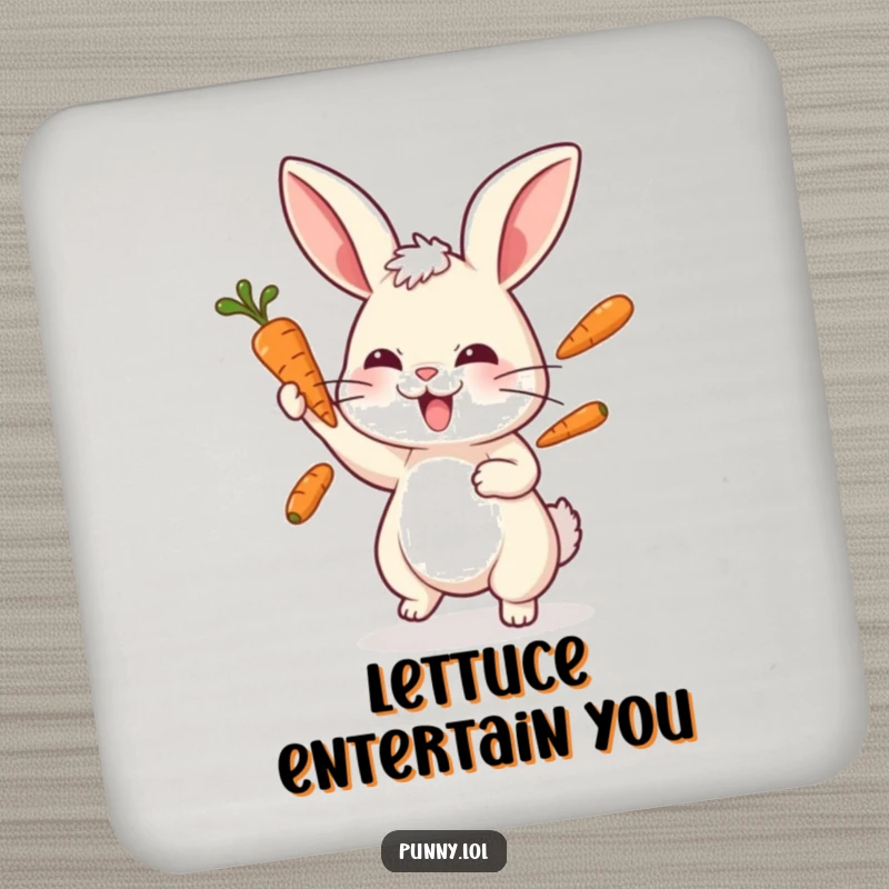 Funny rabbit coaster illustration of a playful bunny juggling three carrots with intense focus.