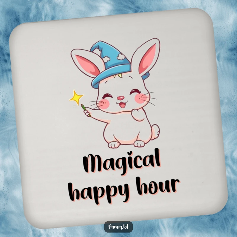 Funny coaster with a rabbit wizard conjuring a sparkle, for protecting surfaces magically.