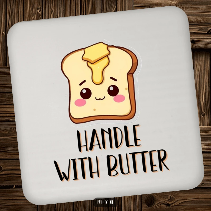 Funny drink coaster featuring a silly slice of toast character with butter dripping, protecting surfaces.