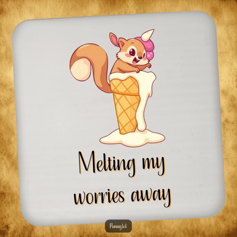 Funny Squirrel Coaster showing a determined squirrel trying to climb a giant, melting ice cream cone, protecting drinks with humor and a funny gift.