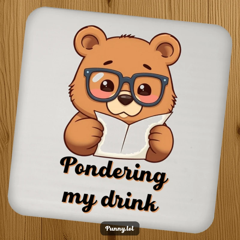 Funny coaster with a bear in oversized glasses, studying a tiny paper, protecting surfaces with scholarly humor.