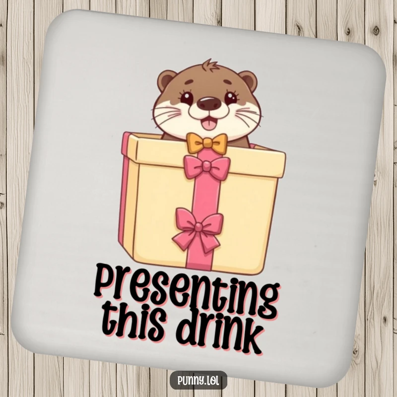 Funny coaster set featuring an otter in a bow tie peeking from a gift box, protecting surfaces.