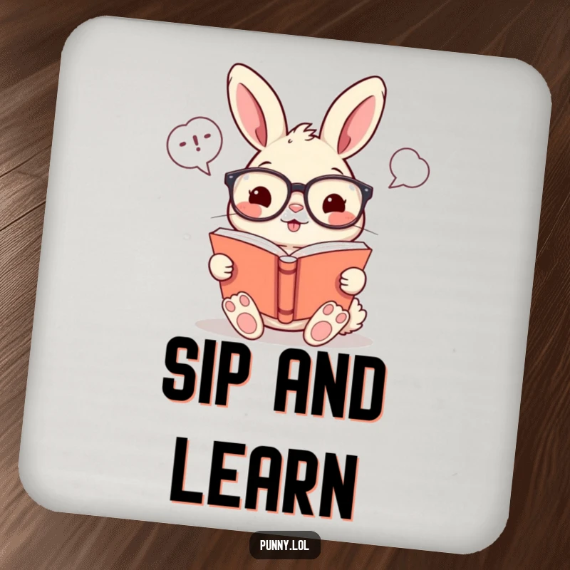 Funny drink coasters with a cheerful rabbit wearing glasses, reading a book filled with humorous word bubbles, protecting surfaces.