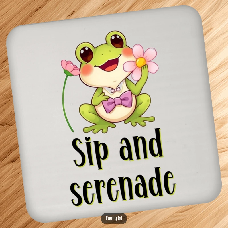 Funny Coaster: A drink coaster depicting a cheerful frog wearing a bowtie, singing into a flower.